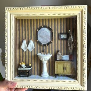 Handcrafted Cream Miniature Bathroom Shadow Box Wall Art